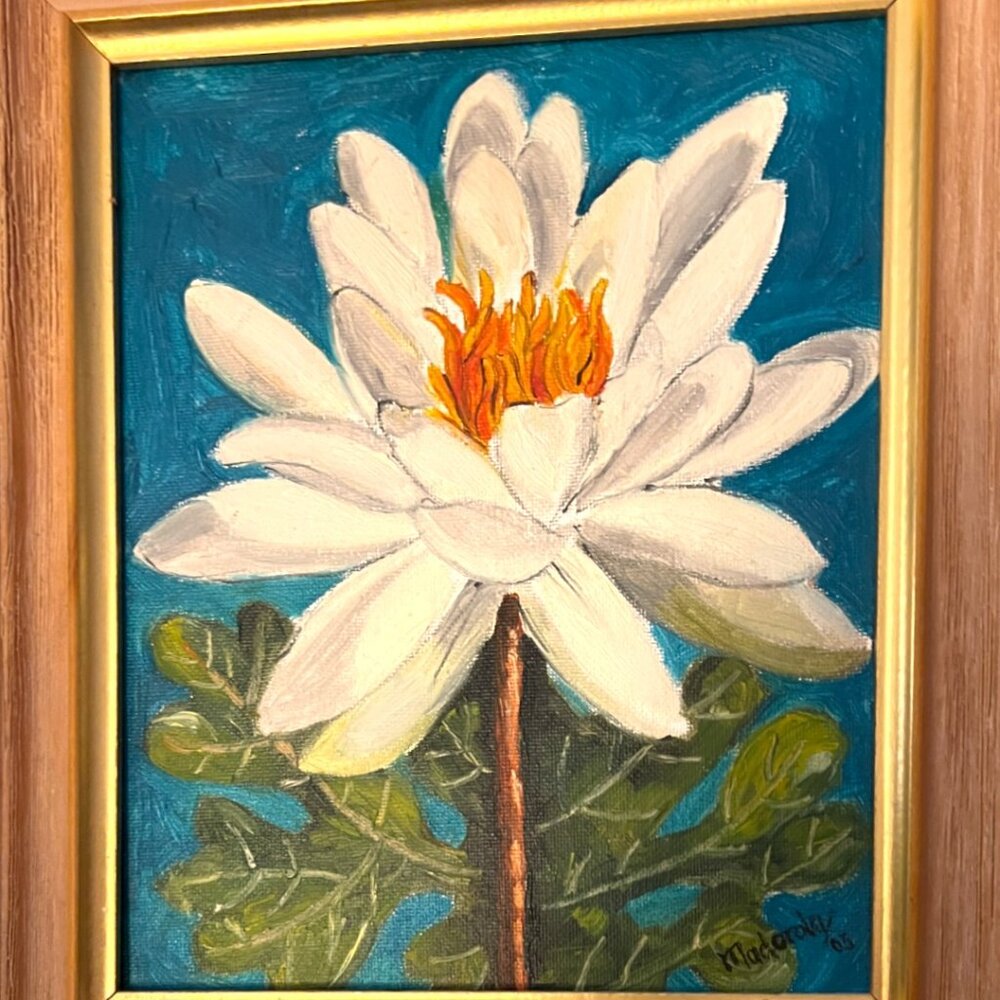 Vtg Framed Hand-Painted Water Lily Art on Canvas Panel, Signed & Dated, Acrylic - Picture 8 of 10
